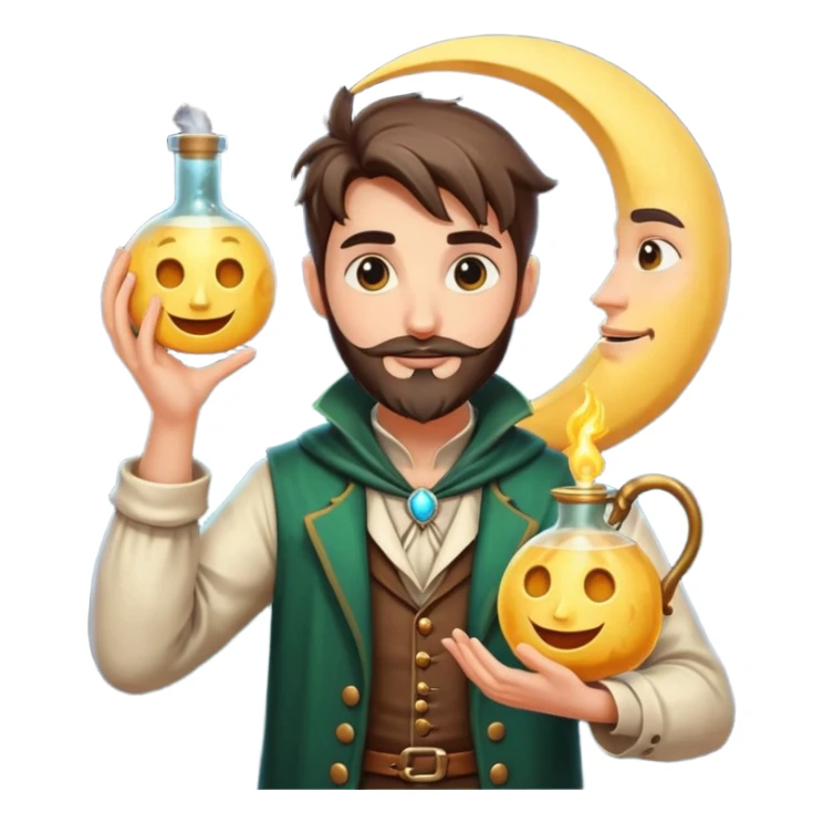 human forest alchemist character holding crescent moon like a glowing flask, mischievous idea face sticker