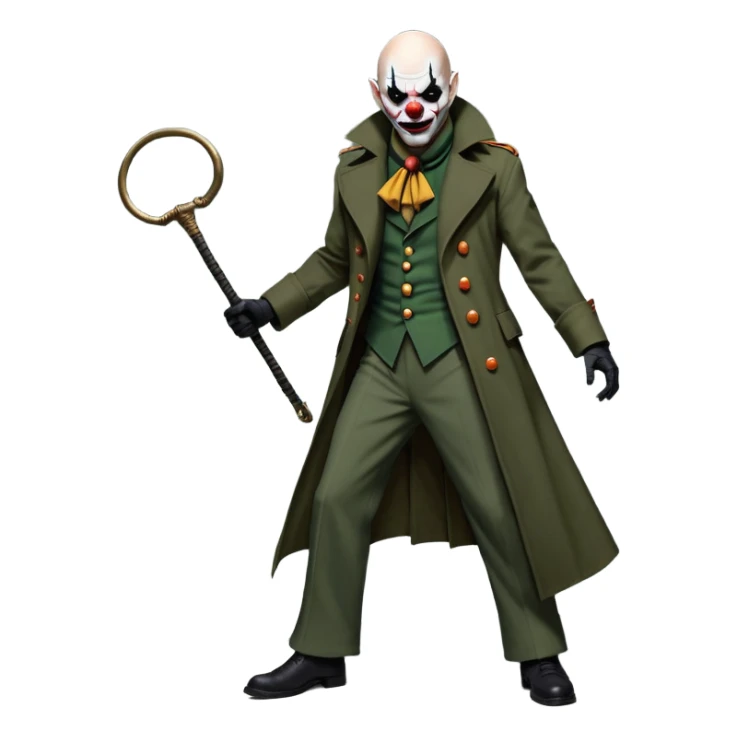 evil clown, bald, small black horns on forehead, fangs, pointed ears, eye patch over one eye, long coat over black and military green leisure suit with bellbottom pants, tail, holding an Indiana Jones-style whip, realistically proportioned, less bulky, full body, battle-ready, fighting posture sticker
