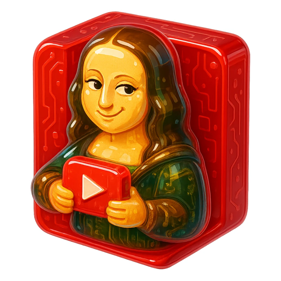 Mona Lisa with a cheeky grin, holding a red YouTube play button, surrounded by a red glossy circuit style box sticker