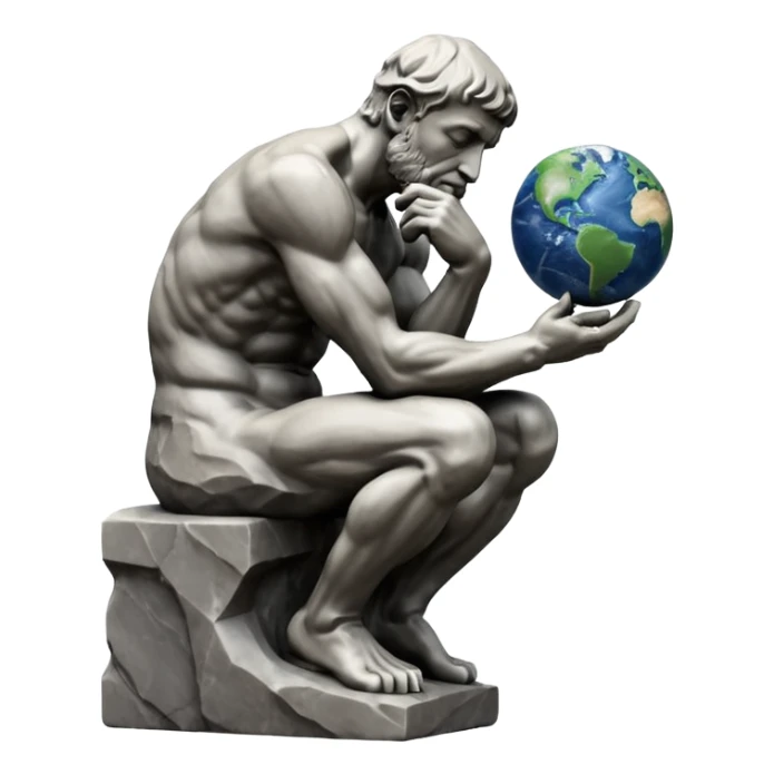 rodins sculpture the thinker but with a planet earth in its hand sticker