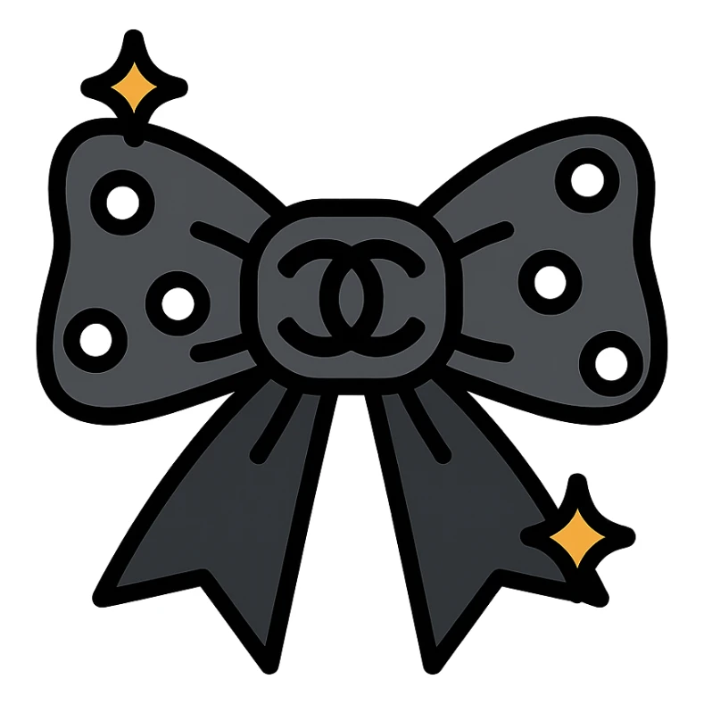 elegant bow with pearls and gold Chanel logo, sparkling effects, glossy, monochrome sticker