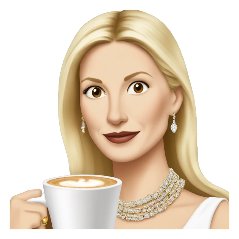 Kelly Rutherford with jewellery wearing white drinking cappucino sticker