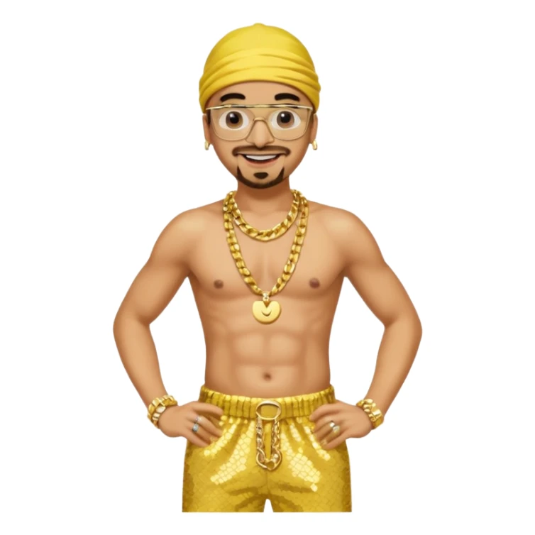 Ali G with yellow sequin baggy pants, shirtless with necklace sticker