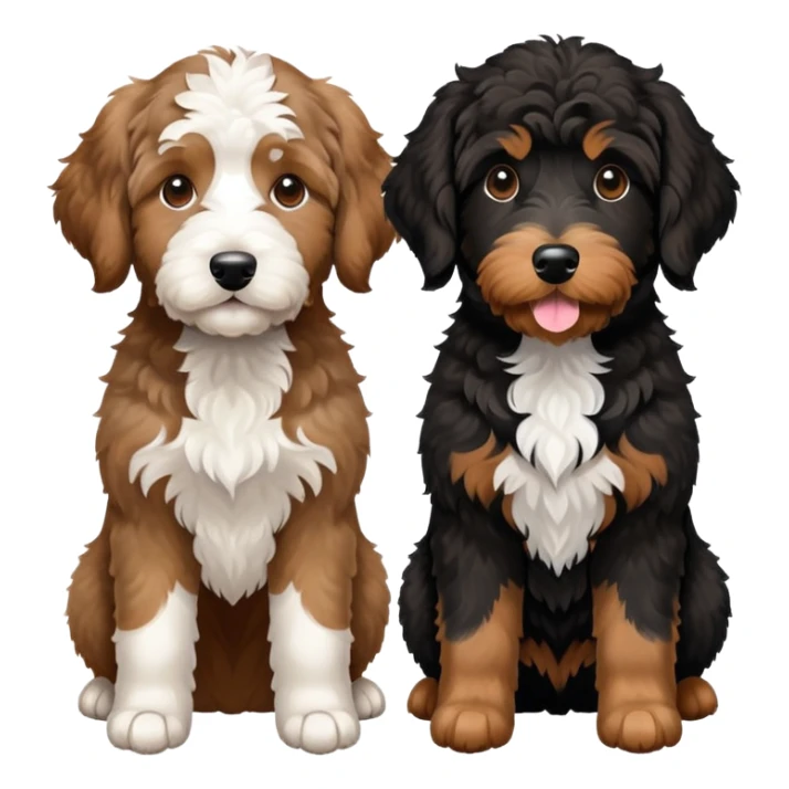 2 dogs: one light brown Aussiedoodle, one all-black Bernedoodle with white eyebrows some white markings, no brown coloring. Both same size. sticker