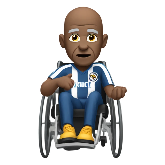 old black bald man with a round belly in wheelchair. angry face. grey stubble. he is pointing finger in front. wearing Arsenal soccer shirt. and a Steelers football hat sticker