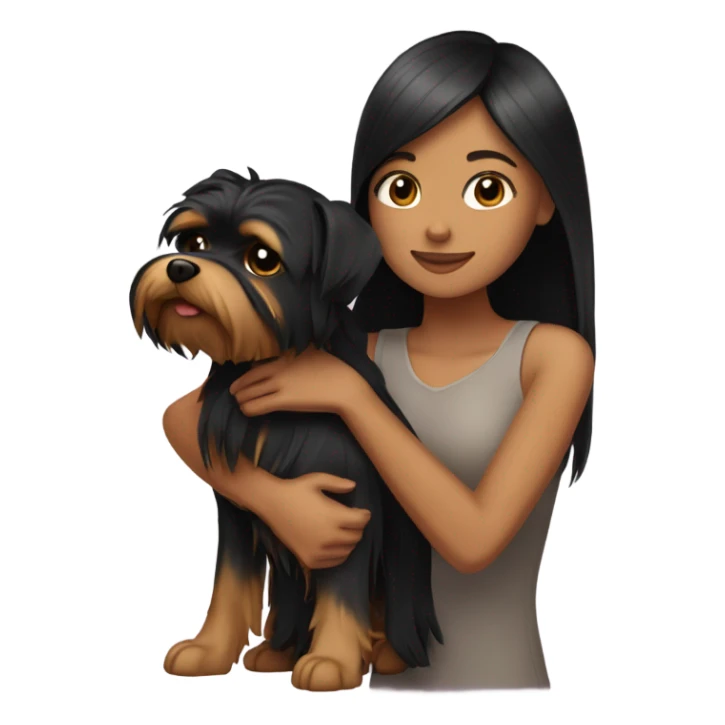 Tan girl with black straight hair hugging a Yorkie  sticker