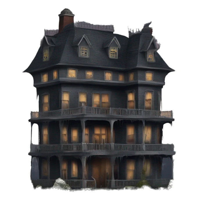 Dark dilapidated 8 story Haunted Addams manor hotel with attached garage  sticker