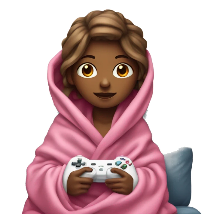Girl wrapped up in a blanket sitting on a couch with a pink gaming controller in her hands sticker