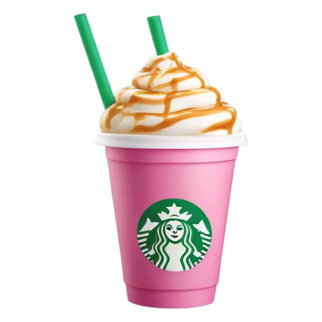 Starbucks Cute vanilla coffee with caramel drizzle in a pink plastic cup with a straw rounded top  sticker