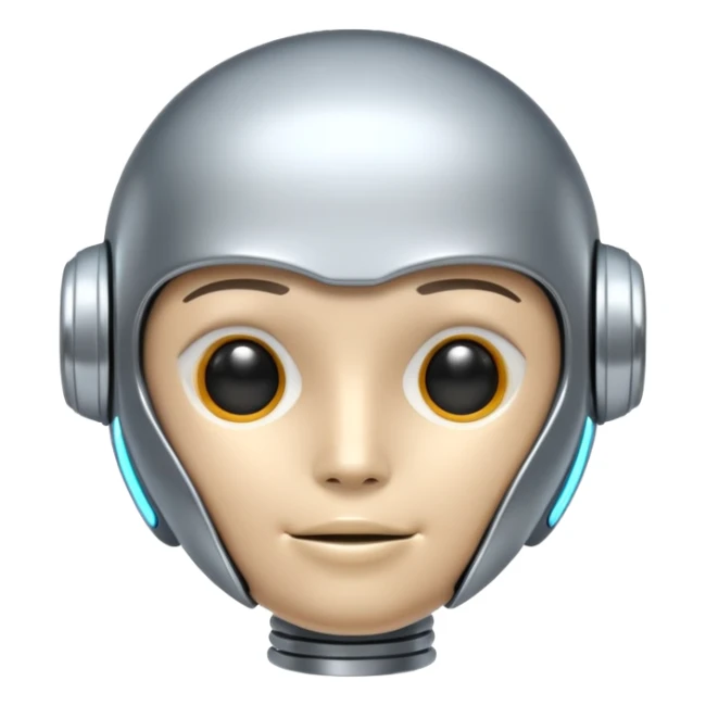 A cute futuristic robot emoji made of silver chrome, rounded friendly body, minimal facial features, glossy metallic surface, soft reflections, iOS emoji style, centered, clean white background sticker