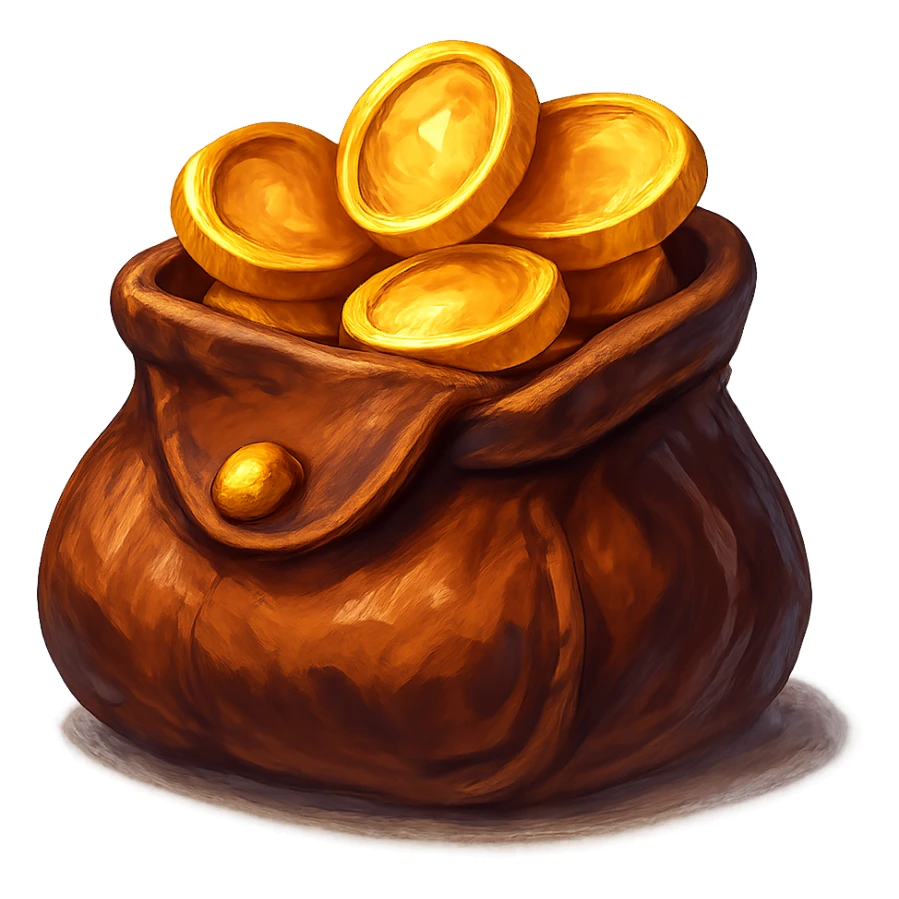 В cлегка рисованной, но при этом объемной и яркой стилистике сгенерируй картинку кожаного кошелька, из которого торчат золотые монеты. Они должны выглядеть не как пластмассовые, а как настоящее золото. Прозрачный фон sticker