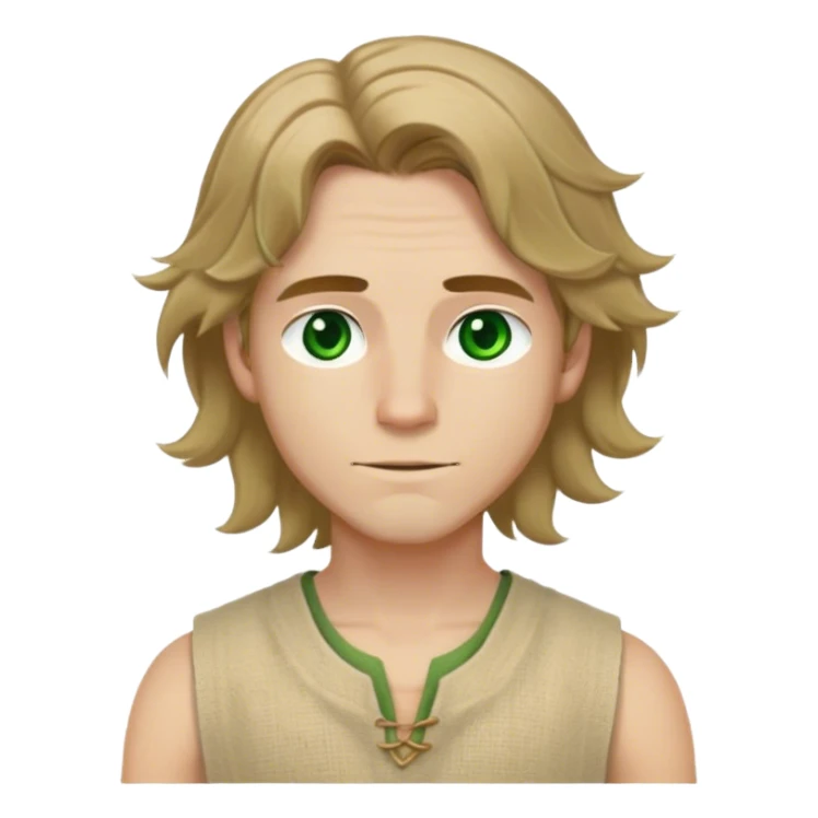 medieval summer outfit worn by a DnD themed fantasy male character. simple sleeveless hemp tunic with a deep round neckline and stitched reinforcements. clothes only above the waist. The clothes full waist. The character's haven't arms. character is white-skinned, light brown hair, green eyes, shoulder-length wavy hair. sticker