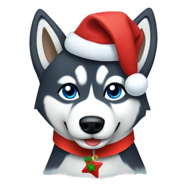 Husky wearing a Christmas collar and a Christmas hat sticker