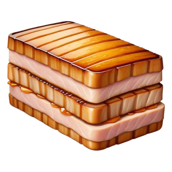Cinematic tender pork belly, slow-roasted to perfection, crispy caramelized edges, glistening with juices, sliced into thick, rich layers, warm golden tones, luxurious and indulgent. sticker
