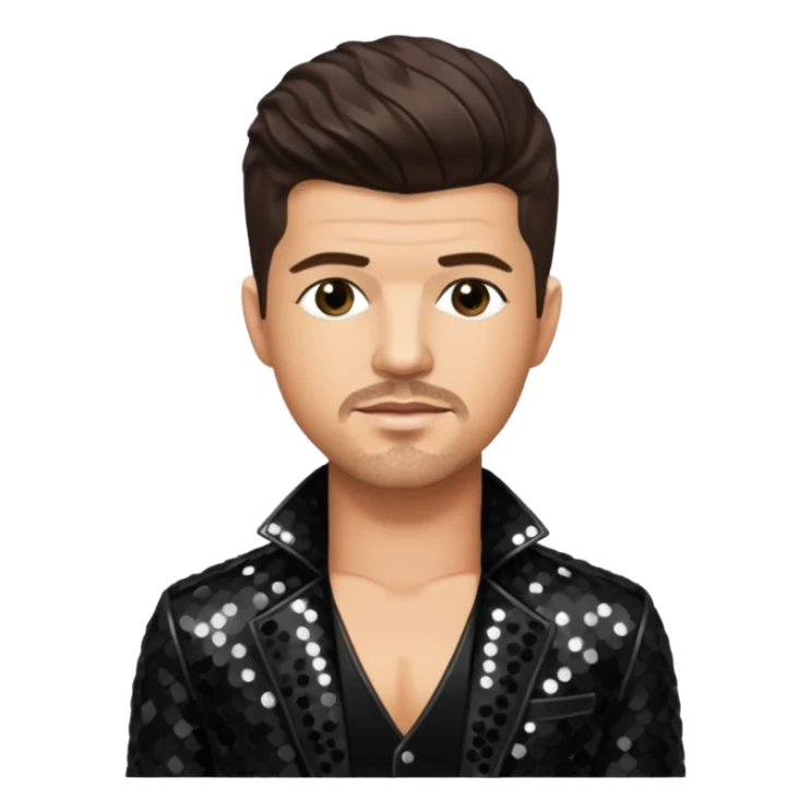 Robin Thicke with dark brown hair, black sequin outfit, light skin sticker
