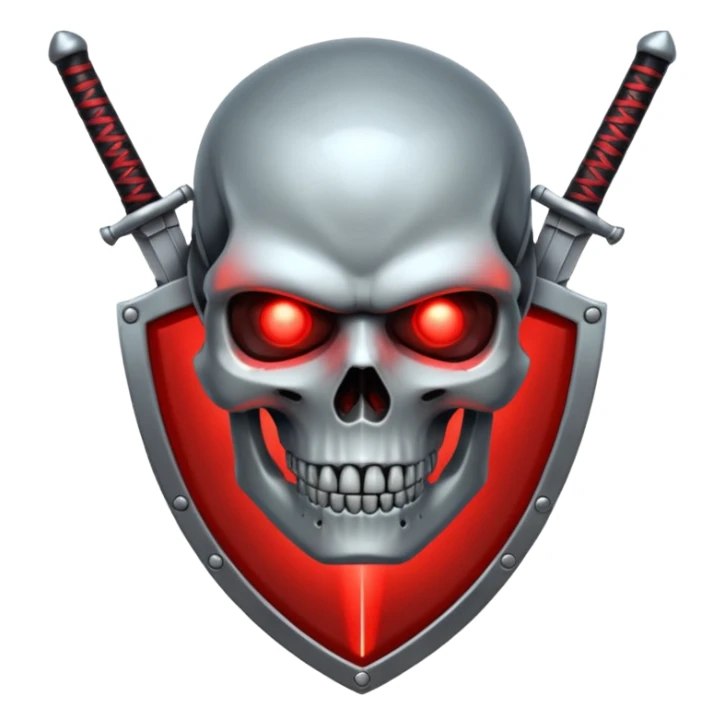 Sci-fi shield badge, terminator style skull, glowing red eyes, crossed futuristic sword energy, starwars light sable, no background sticker