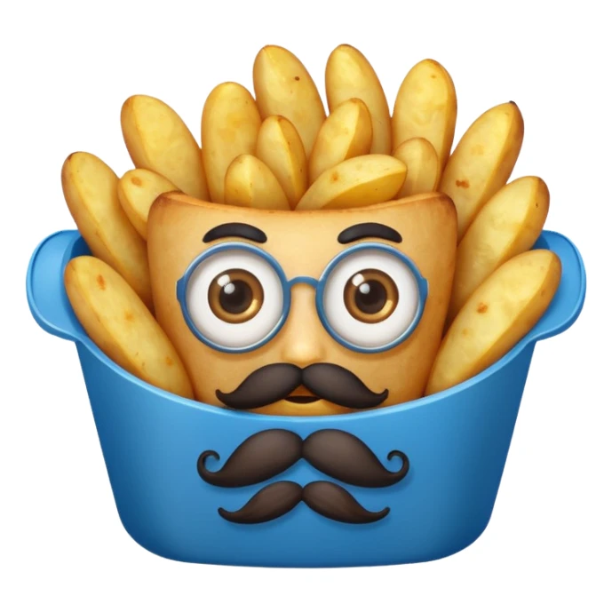 fried potatoes with eyes and mustache, in a blue carton  sticker
