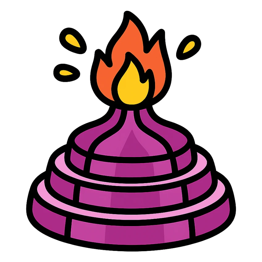 sliced onion stacked to look like a volcano with fire erupting from the top sticker