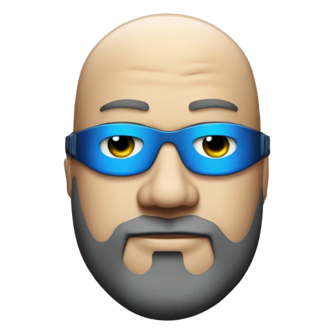 Bearded Fat bald cyborg head with tan skin, blue goggles and circuits sticker