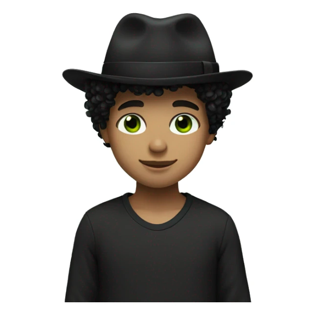 boy with black curly hair and black hat black shirt green eyes sticker