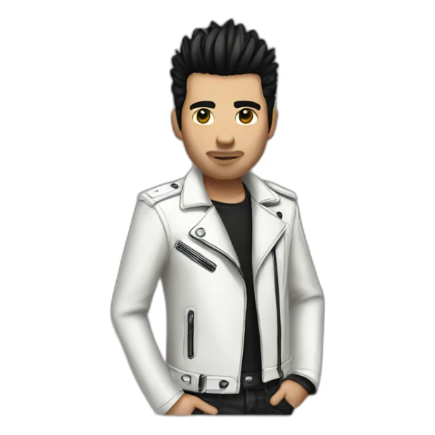 Punk male,dark hair, with white leather jacket with dark hair sticker