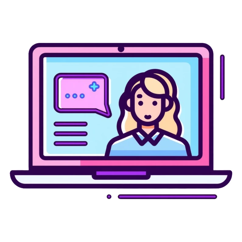 laptop computer with video chat interface on screen, pink and light blue colors, with neon glow lines, blue neon light on top left, purple neon light on bottom right sticker