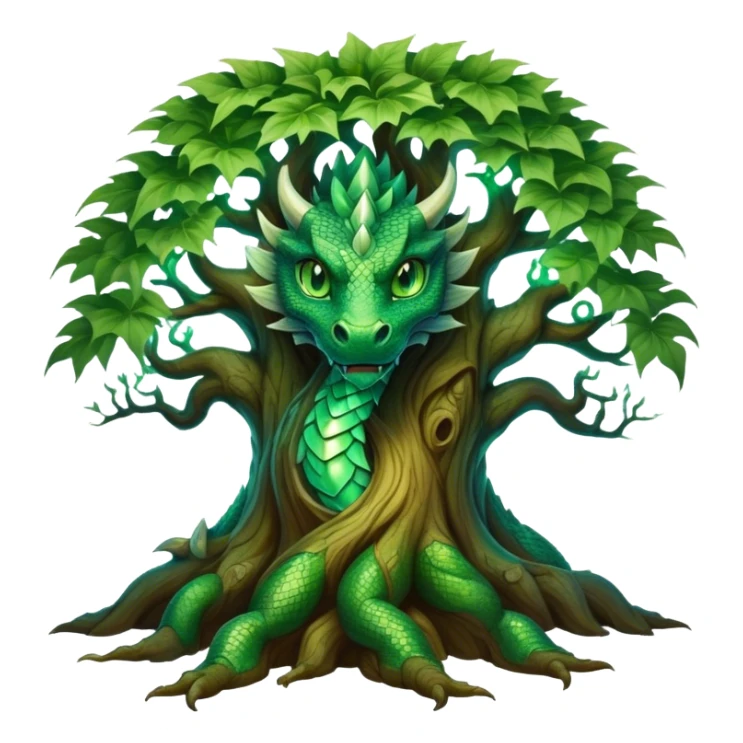 A majestic tree with a dragon's face carved into its trunk, glowing emerald green eyes, and intricate scales blending into the bark, surrounded by a mystical aura and soft glowing leaves. sticker