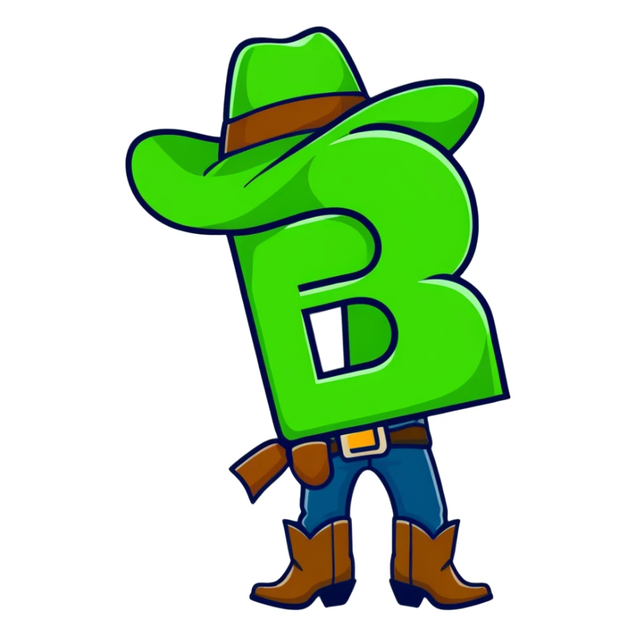 Cowboy character with green cowboy hat and letter R sticker