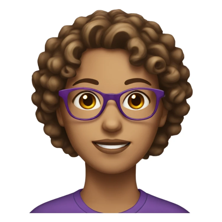 female with brown curly hair, hazel eyes, purple glasses sticker