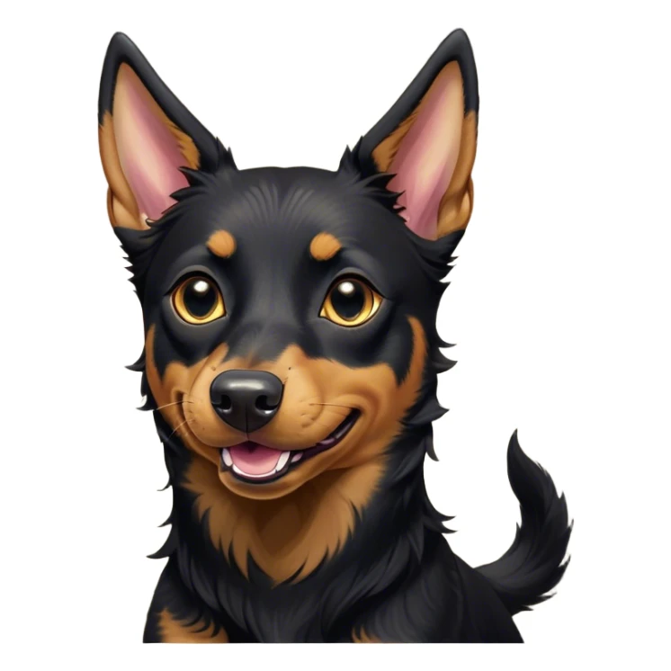 Cinematic Comical Black and Tan Kelpie Portrait Emoji, Head tilted dramatically with an exaggeratedly amused expression, featuring a striking black Fur with bold tan patches, wide, expressive dark eyes filled with playful disbelief, Simplified yet hilariously expressive features, highly detailed, glowing with a slightly sassy glow, high shine, dramatic yet playful, stylized with an air of cheeky mischief, bright and endearing, soft glowing outline, capturing the essence of a spirited and over-the-top herder, so meme-worthy it feels like it could side-eye its way into internet fame instantly! sticker