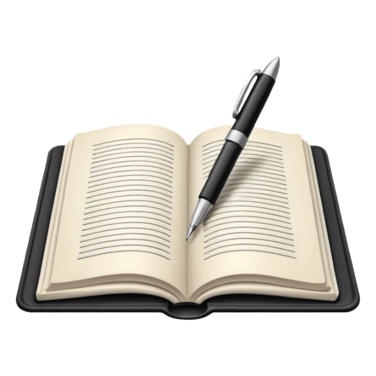"A white open book,The pen should be positioned as placed exactly in the center between the pages.  if held by a right-handed person - meaning the direction is reversed compared to a left-handed grip. The pen should be uncapped, and the cap placed behind it." sticker