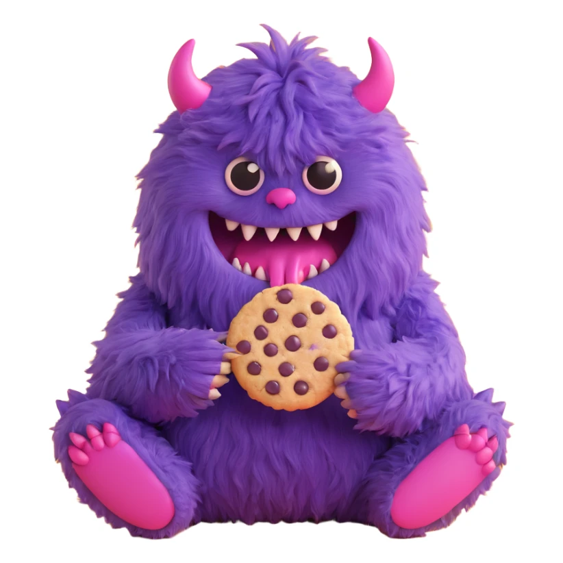 round extra cute purple fluffy monster eating a cookie sticker
