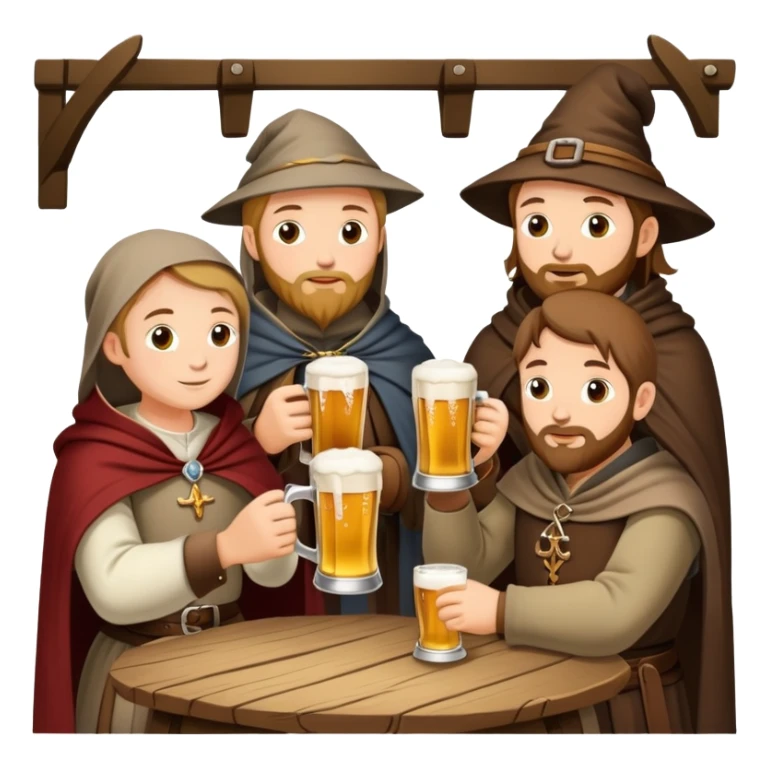 medieval pilgrims with cloaks drinking beer at a tavern sticker