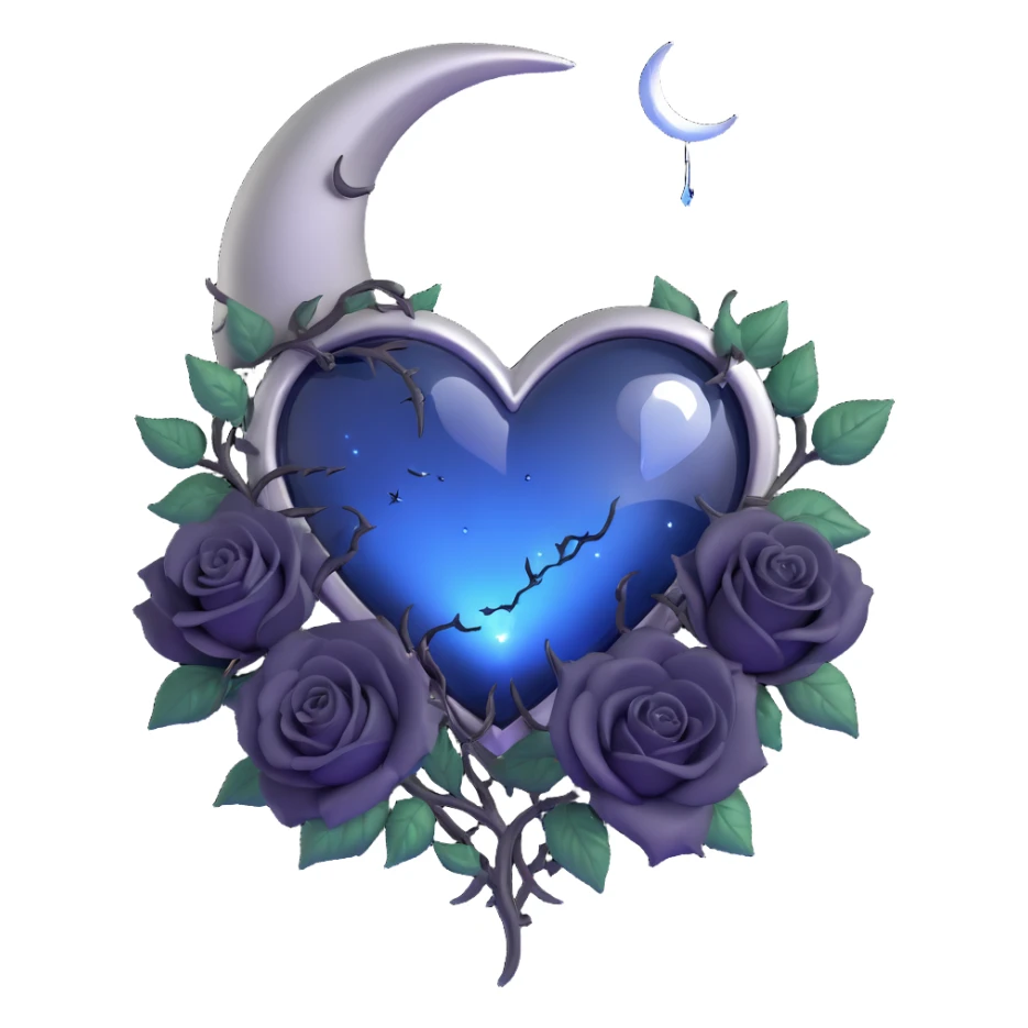 gothic heart with visible silver staples mending a crack, midnight blue glass, silver crescent moon, black roses, stardust, lightning, rain, fantasy style sticker