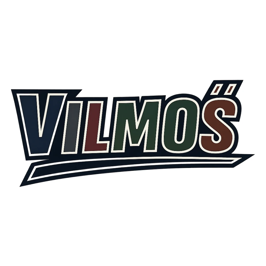 The name 'Vilmos' in a masculine, modern, gradient font with precise Hungarian characters, dark contour, extra wide and prominent white letter border as in sample images, dynamic slanted underline, masculine color shades including blue, gray, burgundy, green, and brown, 1000x1000 px, PNG, transparent background. sticker