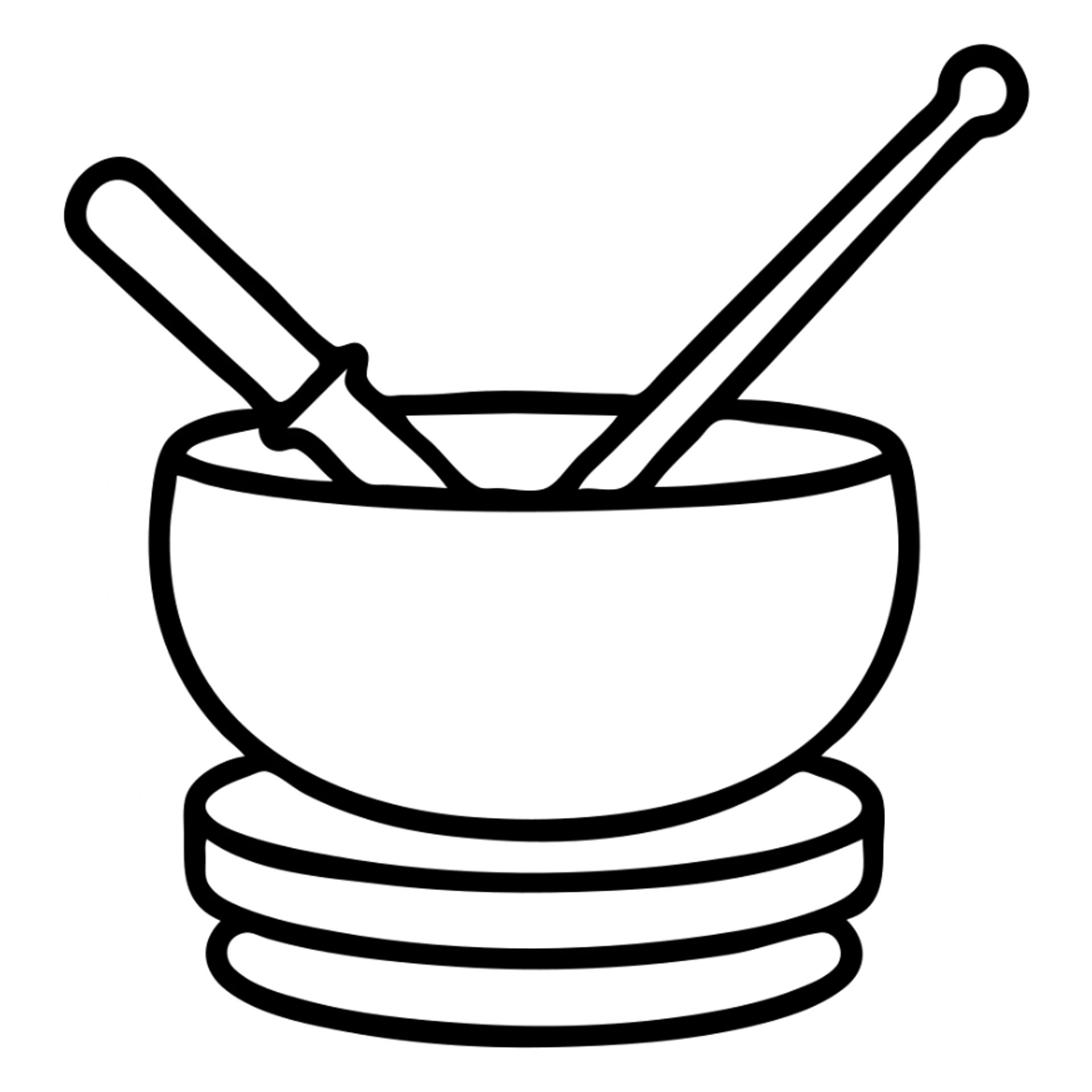 Make the green crystal singing bowl with mallet even more minimal, reduce details, keep only essential shapes, no background, in an outlined icon style with no fill. sticker