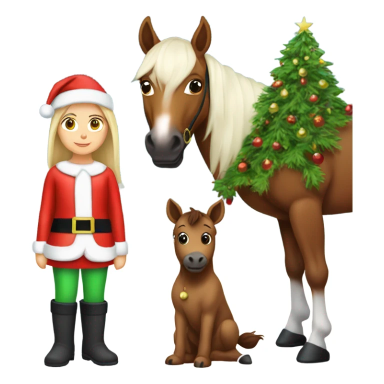 White Girl dressed like Santa next to Christmas tree with brown horse sticker