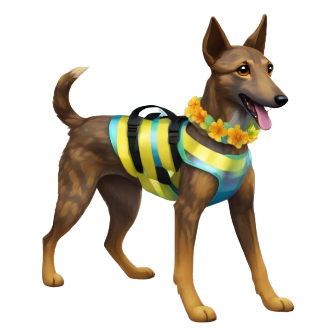  brindle brown black maroon striped lurcher Alsatian fox running blue eyes and iridescent holographic oilslick harness wearing paper iridescent tropical flower crown yellow caution tape sticker