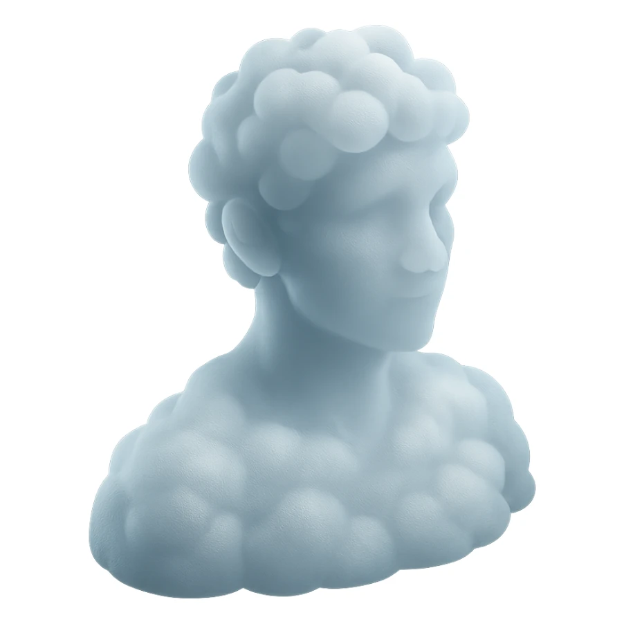 person looking straight, composed entirely of white fluffy convex clouds, shoulder up, matte glass style sticker
