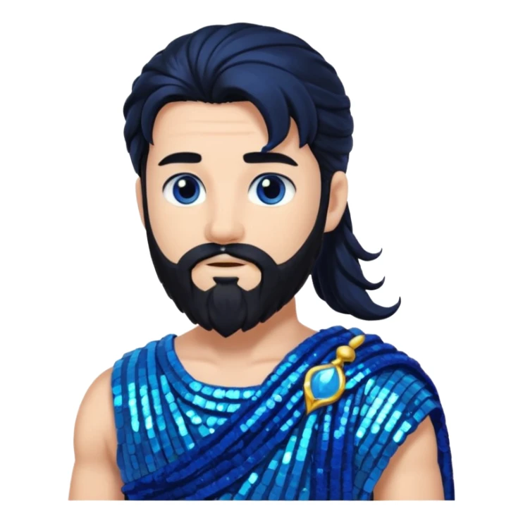 Neptune from Roman Deities with long black hair and beard, blue sequin toga sticker