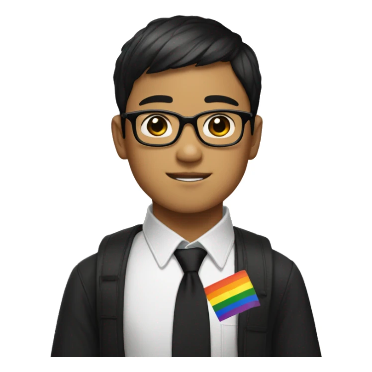a asian boy with black square like glasses with brown hair with pride flag sticker