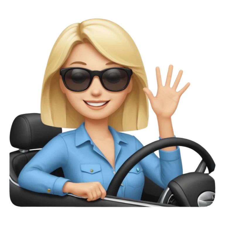blonde woman driving car. one hand up Happy face confidence sticker