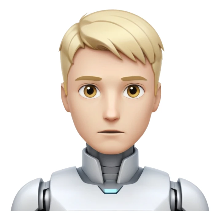 Male robot with short blond hair, sharp jawline, intense eyes, white tech clothing, neutral expression, futuristic assistant sticker