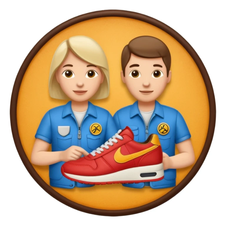 circular achievement style badge featuring two people working together making a sneaker sticker