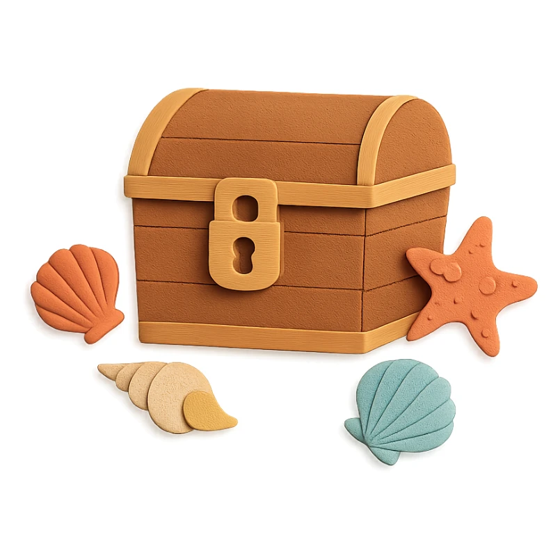 closed treasure chest with a lock, surrounded by seashells and starfish, paper-craft style sticker