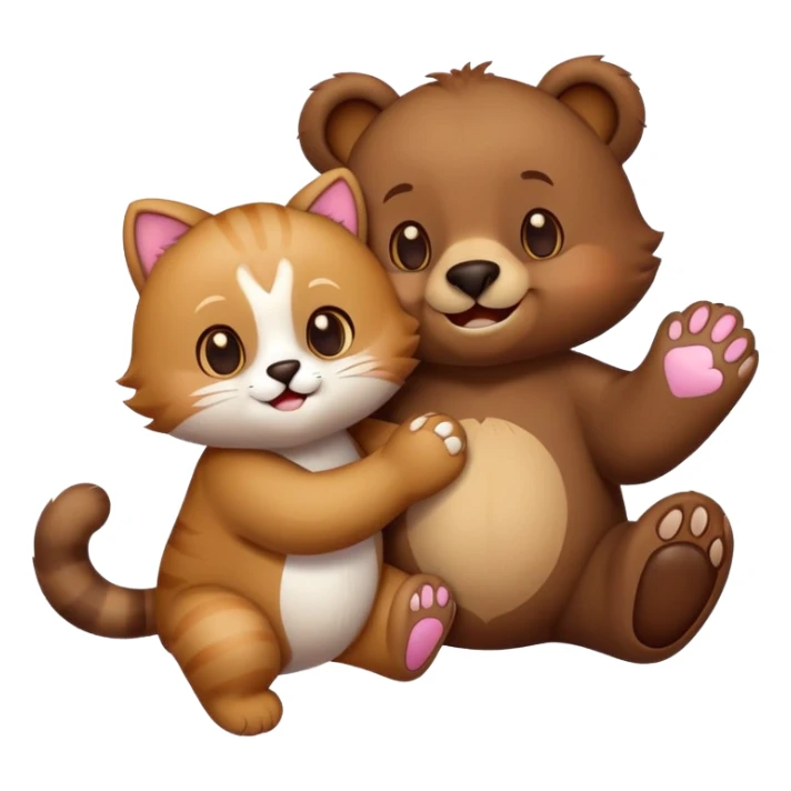 a bear and a kitty holding paws, with two playful cats nearby, emoji style sticker