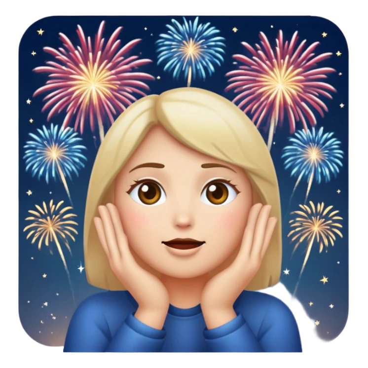 classic emoji style face with hands on cheeks, looking up at fireworks sticker