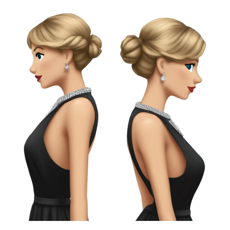 Taylor Swift looking back, black dress, hair in low bun with a strand pulled out, standing, silver diamond necklace  sticker