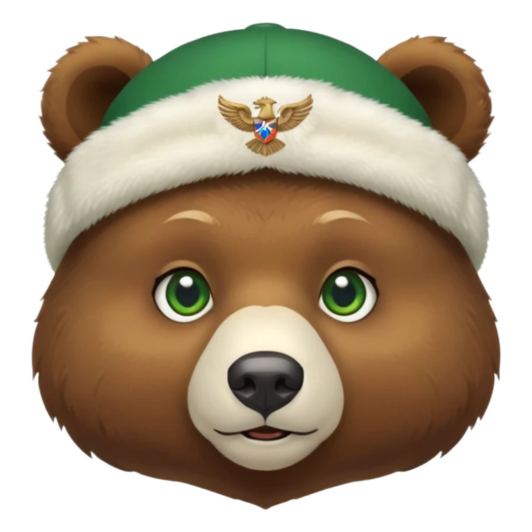 Small cute brown bear head only, innocent expression and green eyes, white ushanka hat with detailed Russian double-headed eagle emblem, no jacket or body, iOS emoji style sticker
