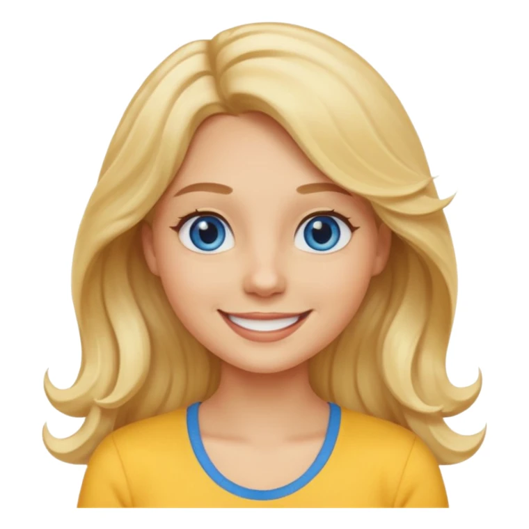 Create a custom emoji-style character inspired by a smiling woman with long, wavy blonde hair, light skin tone, and blue eyes. Emphasize a friendly, approachable expression with a bright smile and soft features. sticker